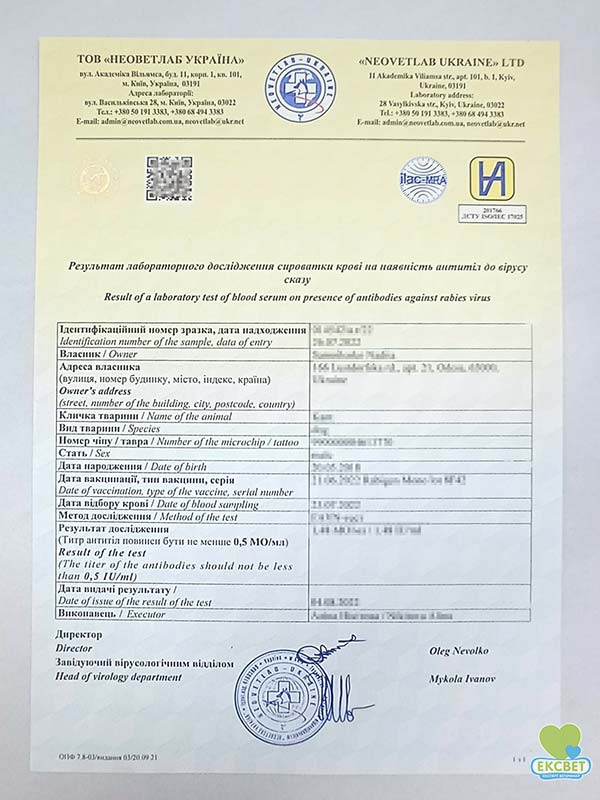 Сертифікат - результат дослідження на наявність антитіл до вірусу сказу